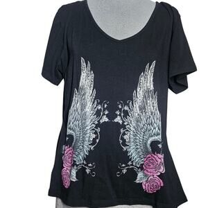 Black Rhinestone Angel Wing Short Sleeve Top Size 2XL